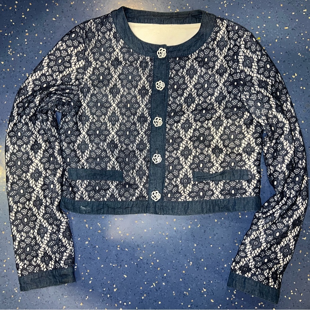 ELSY girls top 40 cardigan buttons crop cropped lace denim designer 10 12 14 LN